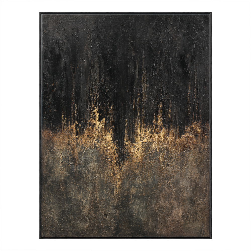 Moody Black Dark Grey Brown Gold Abstract Textured Wall Art Modern Dark Minimalist Impasto Canvas Painting for Contemporary Office Hallway Dining Room Bedroom Living Room Decor