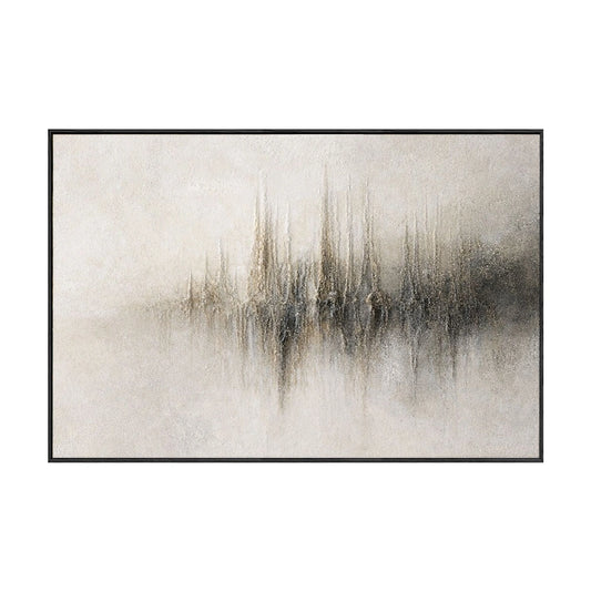 Modern Neutral Abstract Urban Landscape Skyline Reflection Wall Art with Textured Grainy Acrylic Finish Minimalist Beige White Dark Grey Gold Color Palette for Contemporary Home Office Hallway Dining Room Bedroom Living Room Decor