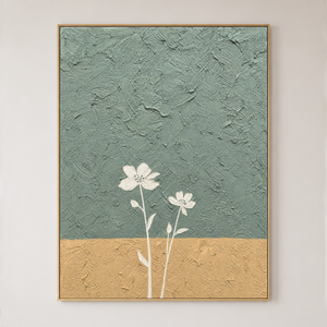 Minimalist Textured Vertical Wall Art Flower And Tree Sage Green Mustard Yellow White Plaster-style Dining Room Living Room