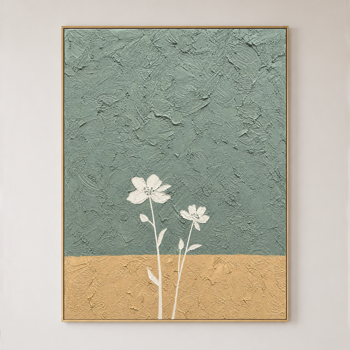 Minimalist Textured Vertical Wall Art Flower And Tree Sage Green Mustard Yellow White Plaster-style Dining Room Living Room