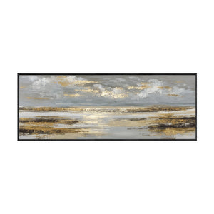 Elegant Abstract Grey and Gold Textured Ocean and Sky Landscape Framed Canvas Wall Art Modern Sophisticated Decor for Living Room Bedroom Office Hallway Dining Room Large Panoramic Artwork
