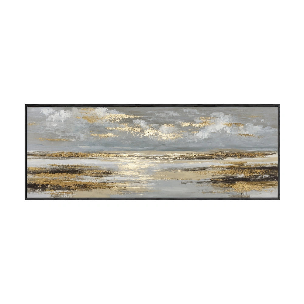Elegant Abstract Grey and Gold Textured Ocean and Sky Landscape Framed Canvas Wall Art Modern Sophisticated Decor for Living Room Bedroom Office Hallway Dining Room Large Panoramic Artwork