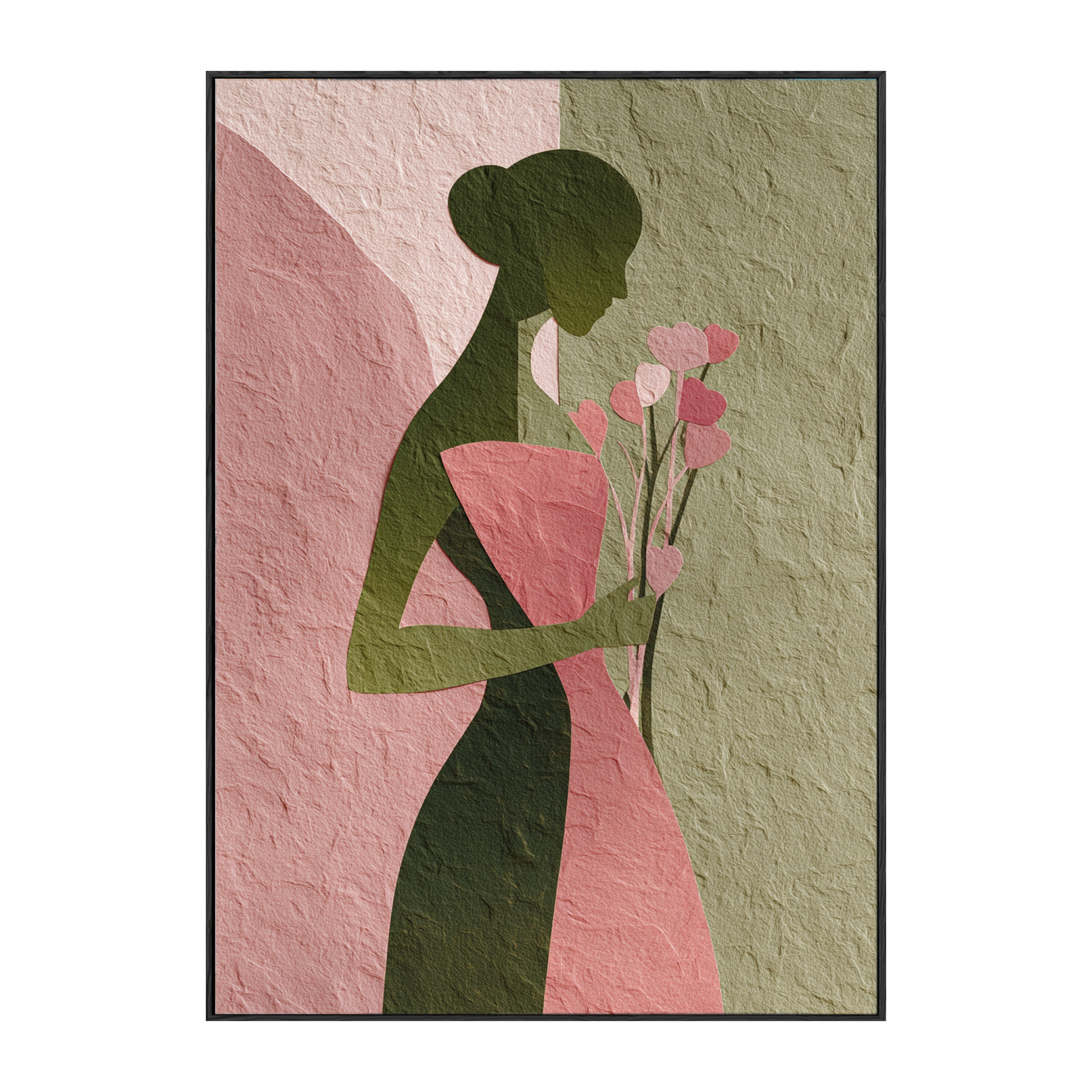 Abstract Minimalist Female Portrait Silhouette with Soft Pink Muted Green Tones, Holding Delicate Heart-Shaped Flower Stems Textured Canvas Print Wall Decor for Modern Home Office Styling