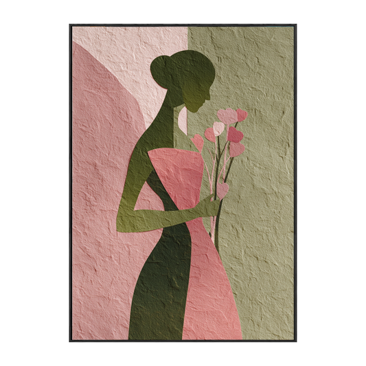 Abstract Minimalist Female Portrait Silhouette with Soft Pink Muted Green Tones, Holding Delicate Heart-Shaped Flower Stems Textured Canvas Print Wall Decor for Modern Home Office Styling