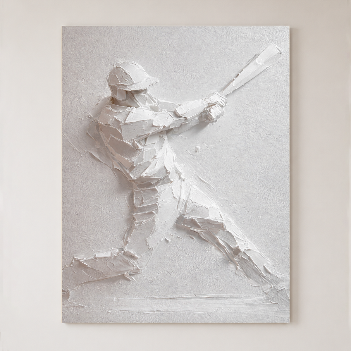 Sport Baseball Player White Textured 3D Relief Plaster-style Vertical Wall Art for Living Room