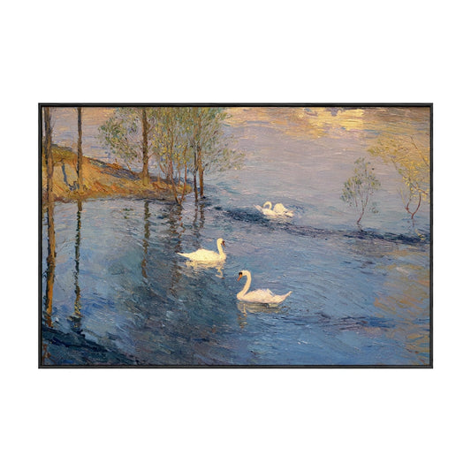 Vintage Impasto White Swan Lake Sunset Canvas Wall Art, Elegant Blue Water Golden Light Tree Reflection, Soft Impressionist Nature Scene, Tranquil Forest Wetland Artwork for Living Room Bedroom Office Hallway Dining Home Decor