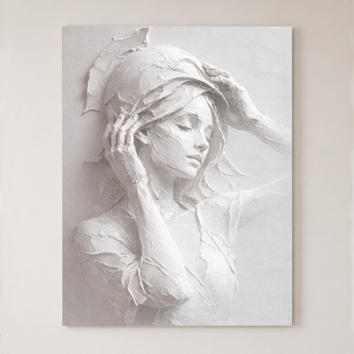 Portrait White Light Gray Textured Plaster 3D Relief Vertical Wall Art for Bedroom Living Room