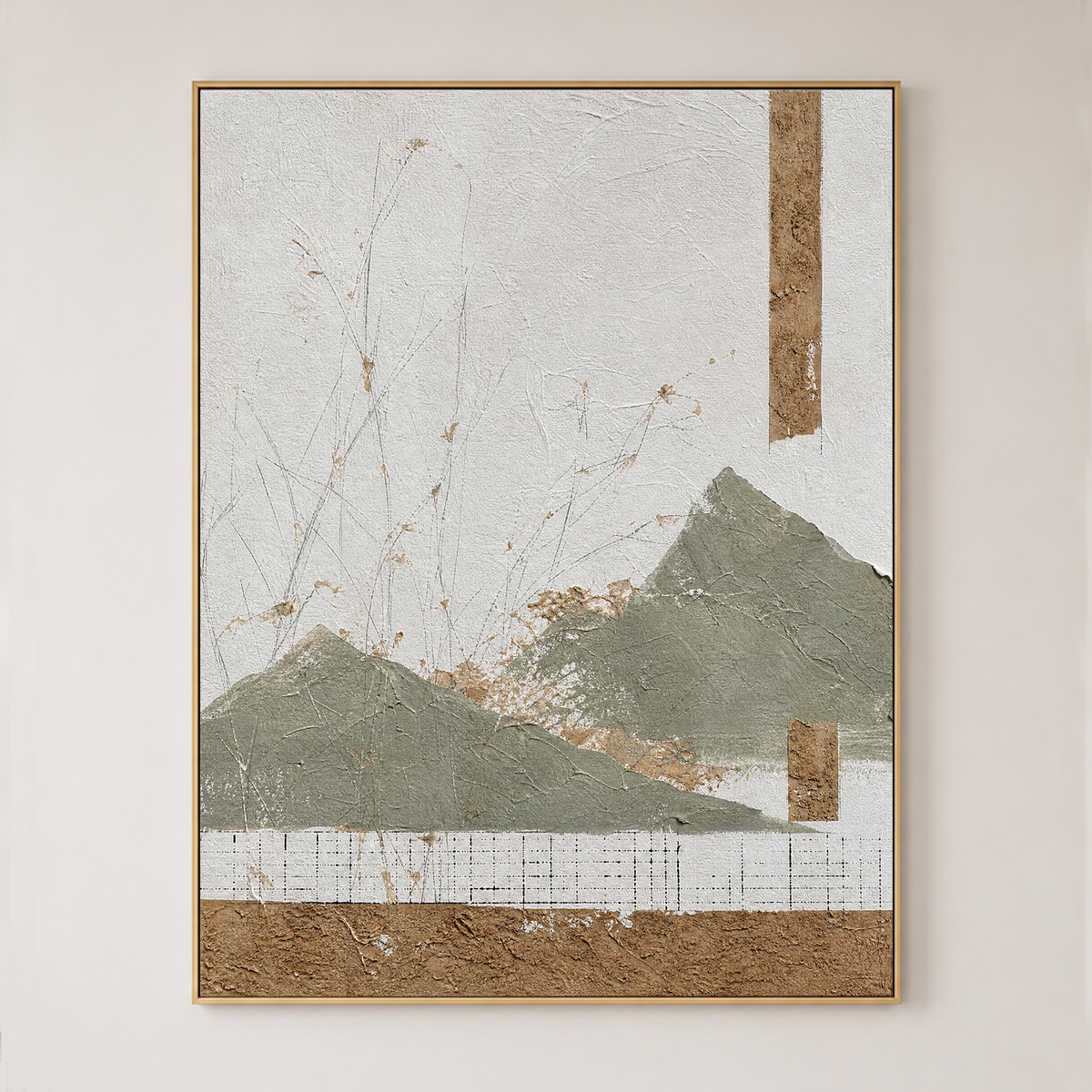 Landscape Sage Green, Earthy Brown, Off-White Abstract Textured Plaster-Style Vertical Wall Art for Dining Room or Living Room