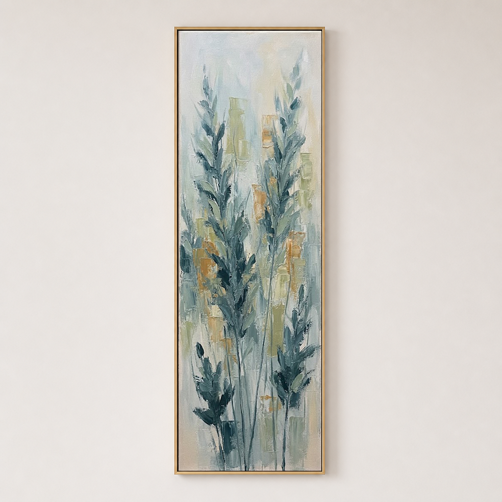 Narrow Vertical Framed Teal Blue Wheat Stalks Impasto Textured Wall Art with Beige White Gold Background for Modern Farmhouse Coastal Minimalist Living Spaces Hallway Bedroom Dining Room Office