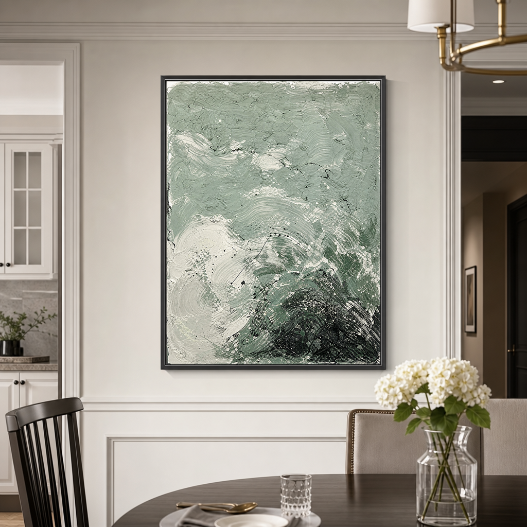 Abstract Textured Sage Green, Black, And Off-White Acrylic-Style Vertical Wall Art for Dining Room or Living Room