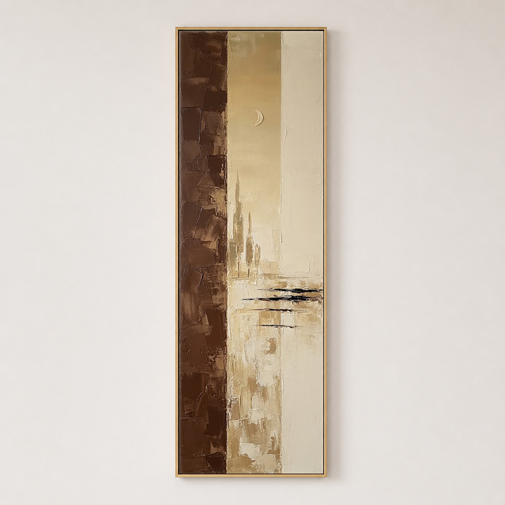 Minimalist Beige Brown Gold Abstract Textured Framed Canvas Wall Art, Vertical Large Size Modern Warm Earthy Tone Impasto Knife Painting for Living Room Bedroom Office Hallway Dining, Soft Moonlit Skyline Scene Artwork