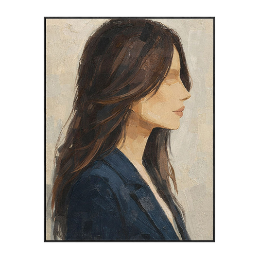 Vintage Elegant Woman Portrait Canvas Wall Art, Textured Impasto Female Profile Painting, Neutral Beige Brown Blue Muted Wall Decor for Living Room Bedroom Office, Minimalist Aesthetic Woman Face Artwork, Home Interior Stylish Frameless Wall Hanging