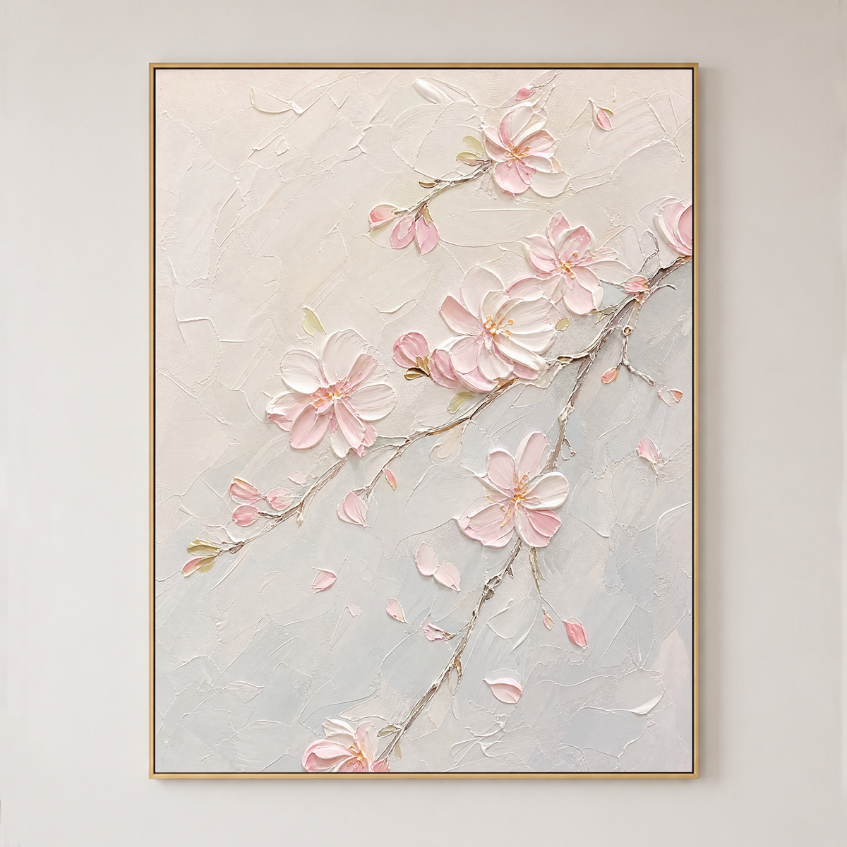 Flower and Tree Soft Pink Cream Light Gray Textured Contemporary Acrylic-style 3D Relief Vertical Wall Art for Living Room