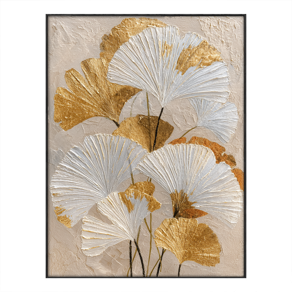 Elegant Textured Gold and White Ginkgo Leaves Floral Wall Art for Modern Home Decor, Botanical Print with Thick Impasto Paint Texture, Beige Background Wall Hanging for Living Room Bedroom Dining Room Office Hallway