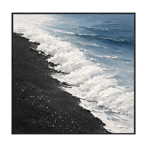 Black Sand Beach Ocean Wave Textured Coastal Landscape Wall Art Abstract Thick Paint Impasto Framed Artwork for Living Room Bedroom