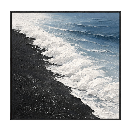 Black Sand Beach Ocean Wave Textured Coastal Landscape Wall Art Abstract Thick Paint Impasto Framed Artwork for Living Room Bedroom
