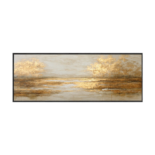Elegant Vintage Golden Autumn Trees Landscape Reflection Wall Art, Warm Impressionist Nature Decor with Thick Textured Brushwork, Featuring Beige, Brown, Gold, Light Grey Tones, Ideal for Modern Living Room, Bedroom, Office, Dining Room, Hallway