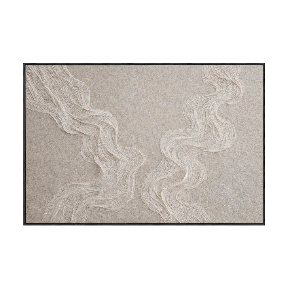 Minimalist Abstract Wavy Lines Textured Framed Canvas Wall Art Soft Neutral Beige White Subtle Organic Decor for Modern Living Room Bedroom Hallway Office Dining Room Cozy Wabi Sabi-Inspired Artwork