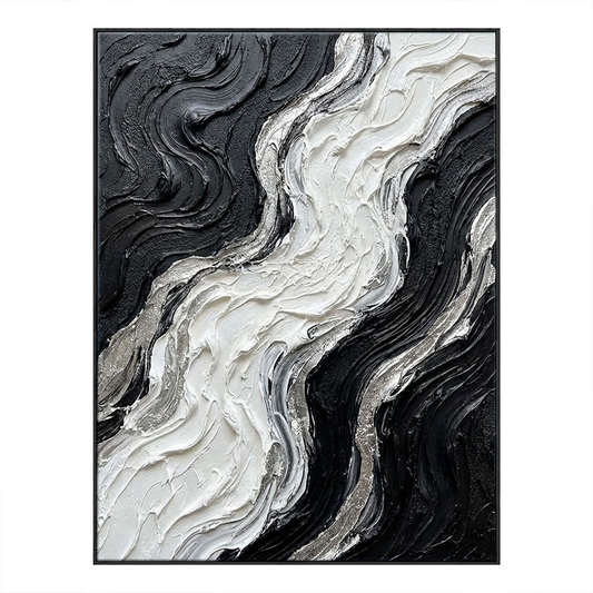 Black and White Abstract Curved Wave Impasto Wall Art Modern Thick Textured Knife Brush Stroked Painting Monochrome Flow Artwork Large Bold Minimalist Decor for Living Room Bedroom Office Dining Room Hallway