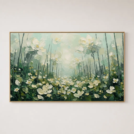 Serene Impasto White Meadow in Sage Green