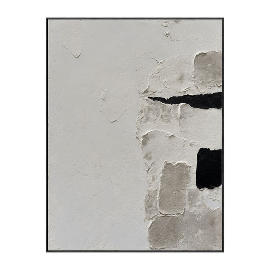 Minimalist Black White Medium Grey Abstract Plaster Textured Imperfect Wabi Sabi-Inspired Framed Canvas Wall Art Neutral Vintage Subtle Decor for Home Spaces
