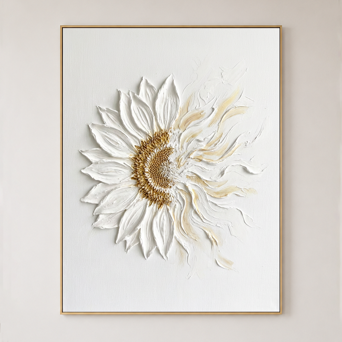 White and Gold Textured 3D Relief Flower Vertical Wall Art for Living Room or Bedroom