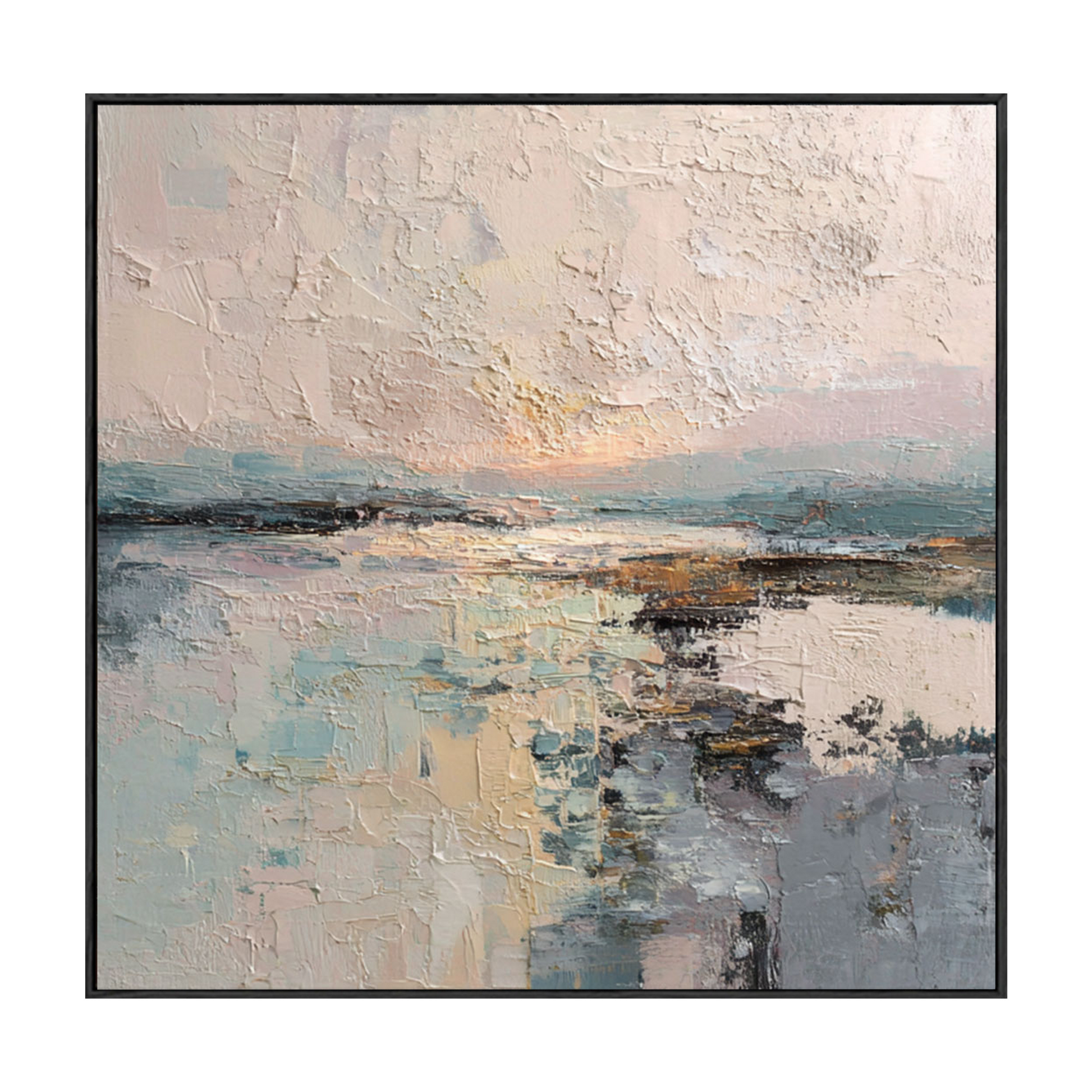 Abstract Ocean Sky Landscape Textured Wall Art, Soft Pink Beige Blue White Impasto Painting for Modern Home Decor, Calm Nature Inspired Artwork for Living Room Bedroom Office