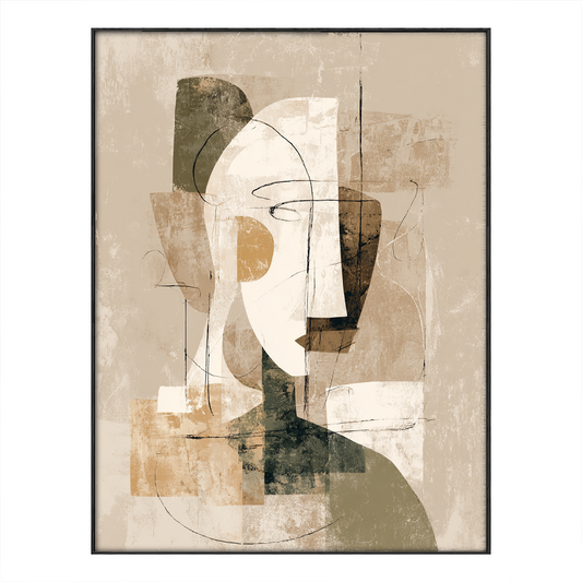 Abstract Vintage Portrait Wall Art, Neutral Beige White Brown Green Textured Modern Cubist Face Artwork, Muted Minimalist Geometry & Lines Painting Print for Living Room Bedroom Office Dining Hallway Decor