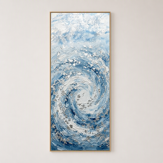 Modern Abstract Blue White Textured Ocean Swirl Impasto Wall Art Coastal Framed Canvas Painting for Living Room Bedroom Office Hallway Dining Room Thick Knife Brush Marks Relaxing Nautical Decor