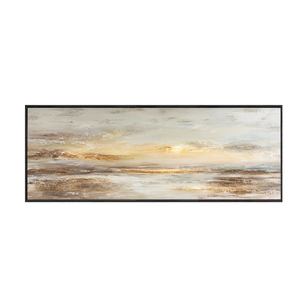 Large Framed Abstract Textured Sunset Seascape Wall Art, Modern Coastal Beige Brown White Gold Canvas Painting, Thick Impasto Knife Stroke Artwork for Living Room Bedroom Office Hallway Dining Room Home Decor