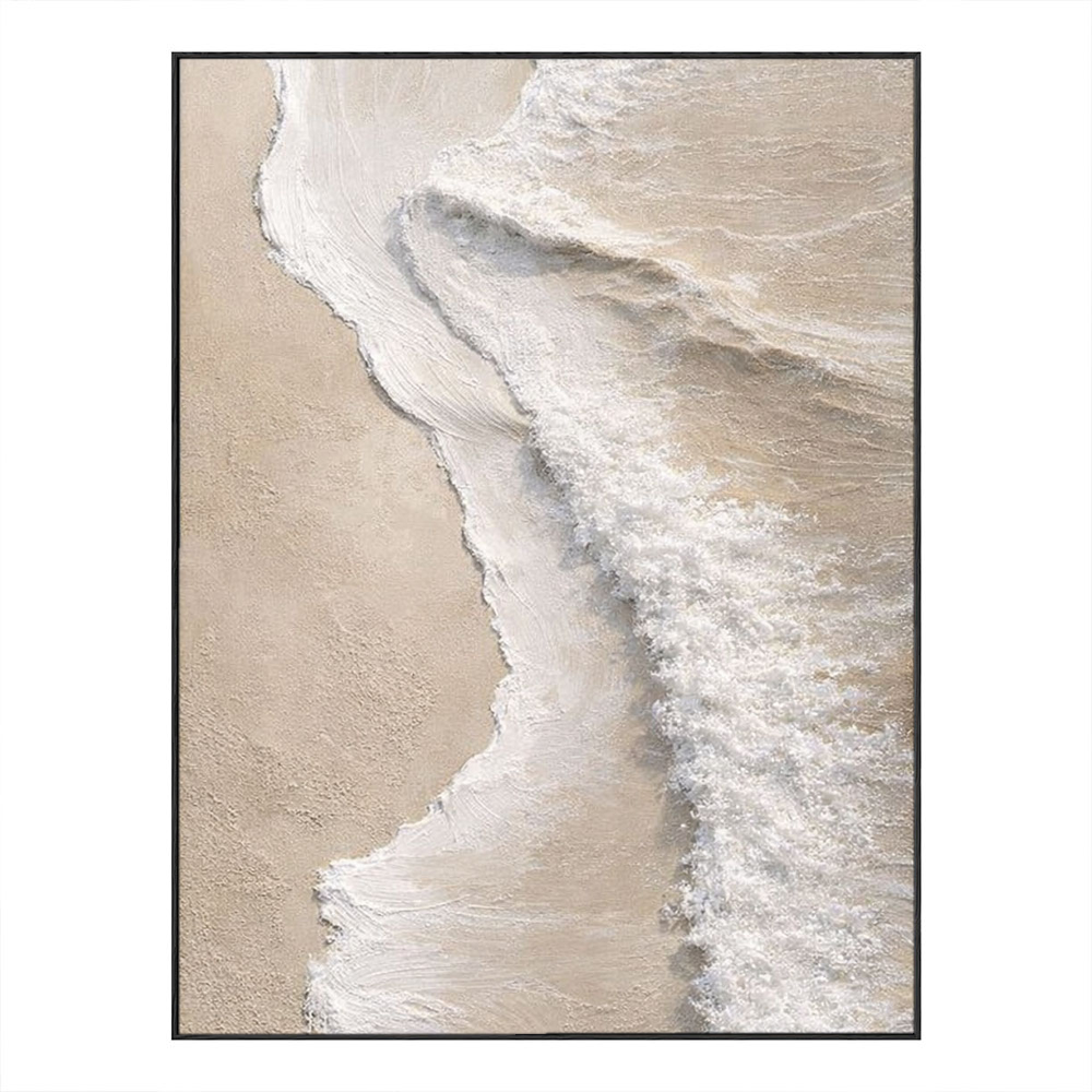 Minimalist Neutral Textured Ocean Beach Wave Canvas Wall Art, Thick Paint Impasto Coastal Landscape Artwork for Modern Home, Beige White Soft Tones Abstract Painting for Living Room Bedroom Office Decor