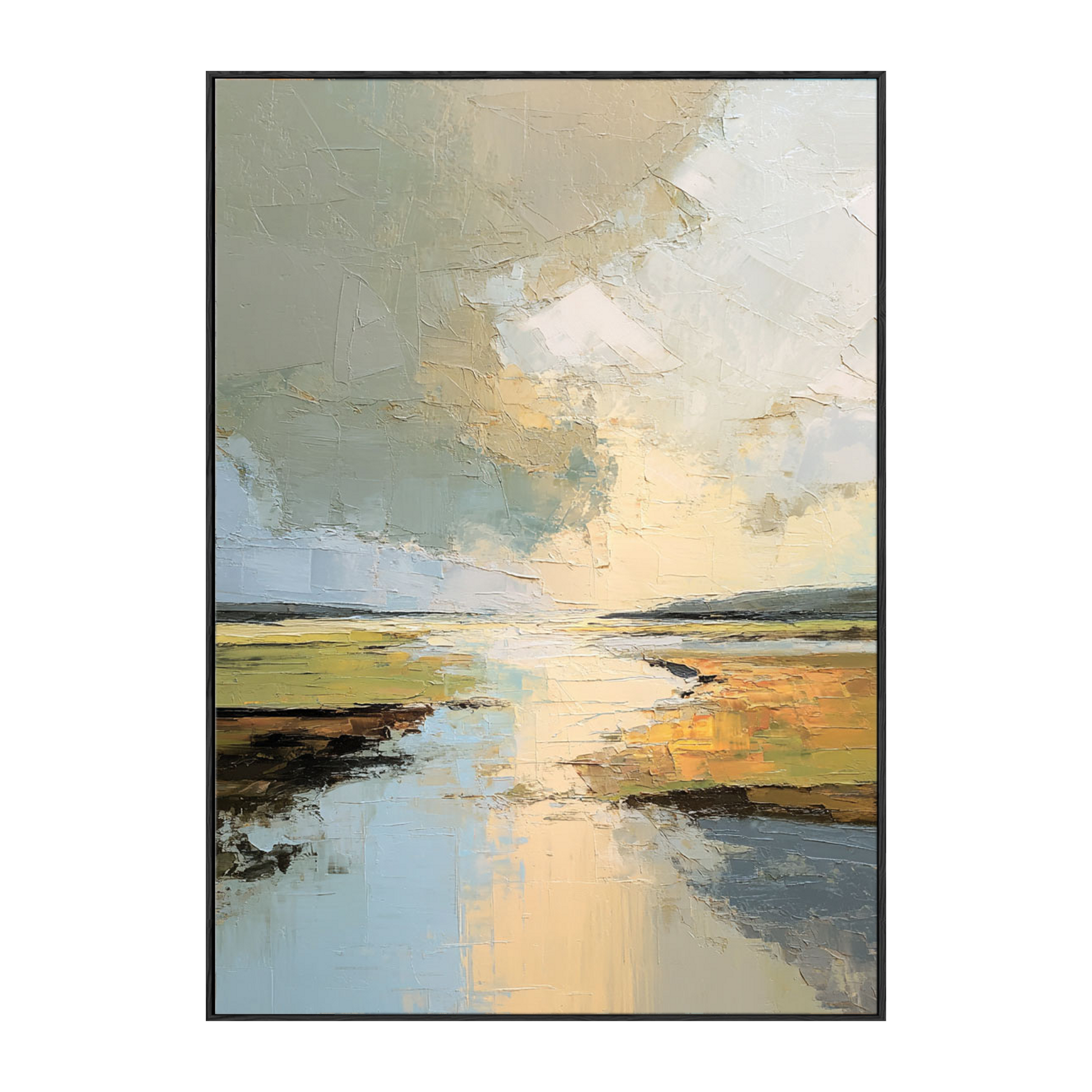 Abstract Landscape Textured Impasto Wall Art, Soft Beige Green Blue White Canvas Painting, Large Calm Nature Scenery Artwork for Living Room Bedroom Office, Modern Minimalist Home Decor Framed or Unframed