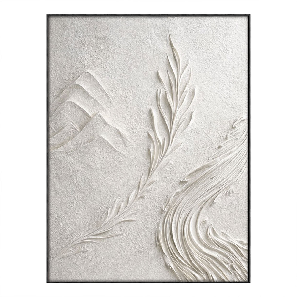Minimalist 3D Relief Nature-Inspired Plaster Wall Art – Soft White Beige Tone Mountain Leaf Wave Textured Artwork for Modern and Wabi-Sabi Inspired Living Spaces, Calming Bedroom, Professional Office, Cozy Hallway, Elegant Dining Room