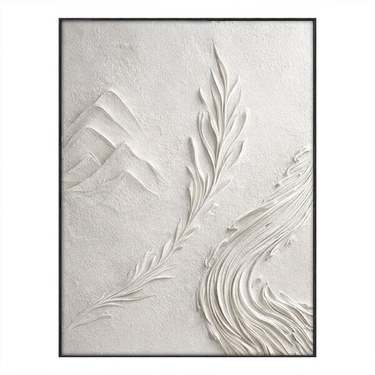Minimalist 3D Relief Nature-Inspired Plaster Wall Art – Soft White Beige Tone Mountain Leaf Wave Textured Artwork for Modern and Wabi-Sabi Inspired Living Spaces, Calming Bedroom, Professional Office, Cozy Hallway, Elegant Dining Room