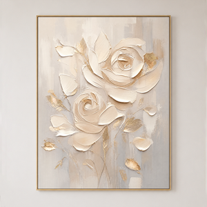 Flower and Tree Textured Beige Soft Gray Gold Acrylic-Style 3D Relief Vertical Wall Art for Living Room