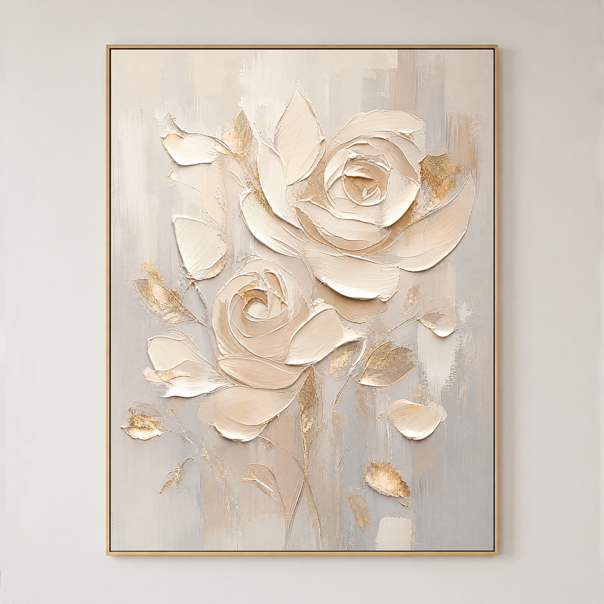Flower and Tree Textured Beige Soft Gray Gold Acrylic-Style 3D Relief Vertical Wall Art for Living Room