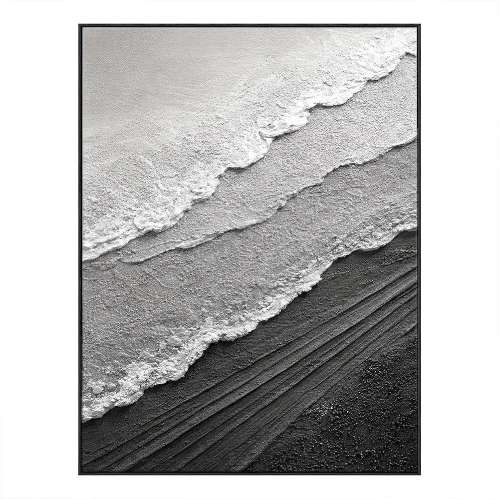 Black and White Abstract Textured Ocean Wave Wall Art Minimalist Monochrome Thick Knife Paint Coastal Scene Canvas Artwork for Modern Home Decor