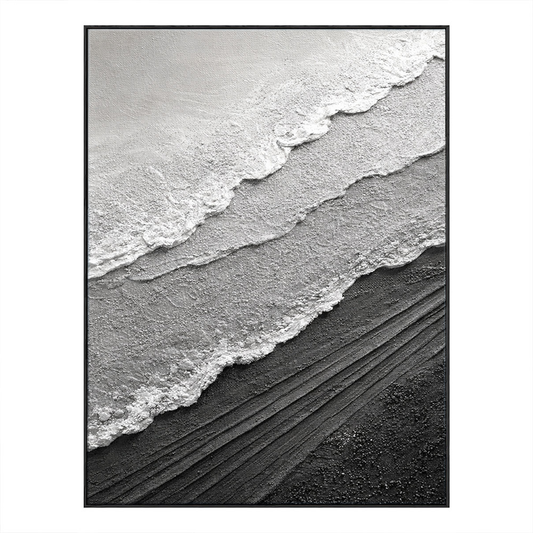 Black and White Abstract Textured Ocean Wave Wall Art Minimalist Monochrome Thick Knife Paint Coastal Scene Canvas Artwork for Modern Home Decor