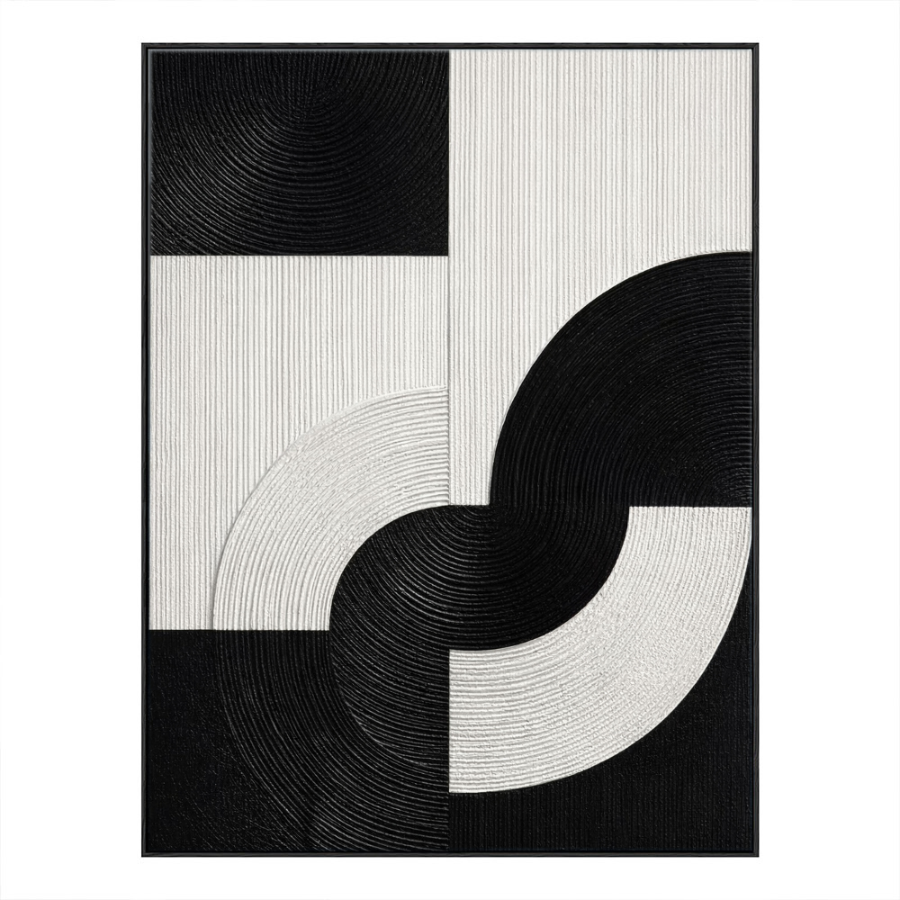 Modern Black and White Geometric Abstract Textured Wall Art, High Contrast Minimalist Block and Curve Design, Thick Monochrome Raised Canvas Artwork for Living Room Bedroom Office Dining Room Hallway