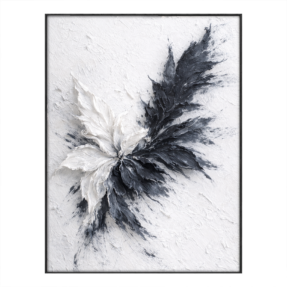 Black White Dark Grey Light Grey Impasto Textured Abstract Floral Leaf Wall Art for Living Room Office Bedroom Dining Room Hallway, Thick Knife Brush Paint Stacking, Modern Minimalist Contrast Monochrome Home Decor