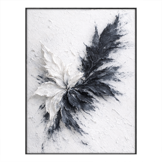 Black White Dark Grey Light Grey Impasto Textured Abstract Floral Leaf Wall Art for Living Room Office Bedroom Dining Room Hallway, Thick Knife Brush Paint Stacking, Modern Minimalist Contrast Monochrome Home Decor