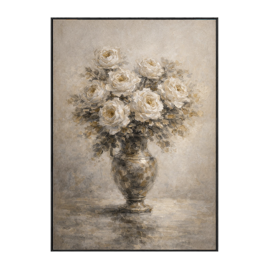 Vintage White Roses in Metallic Gold Vase Textured Canvas Wall Art, Elegant Neutral Floral Still Life Painting for Living Room Bedroom Dining Room Office Hallway Decor