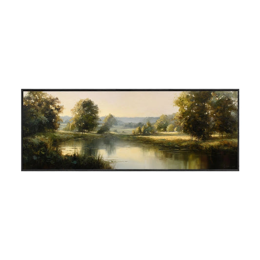 Vintage Panoramic River Landscape Wall Art, Soft Light Sunrise Over Calm Water Canvas Print, Warm Green Golden Brown Beige Tones, Classic Nature Artwork for Home Office Decor