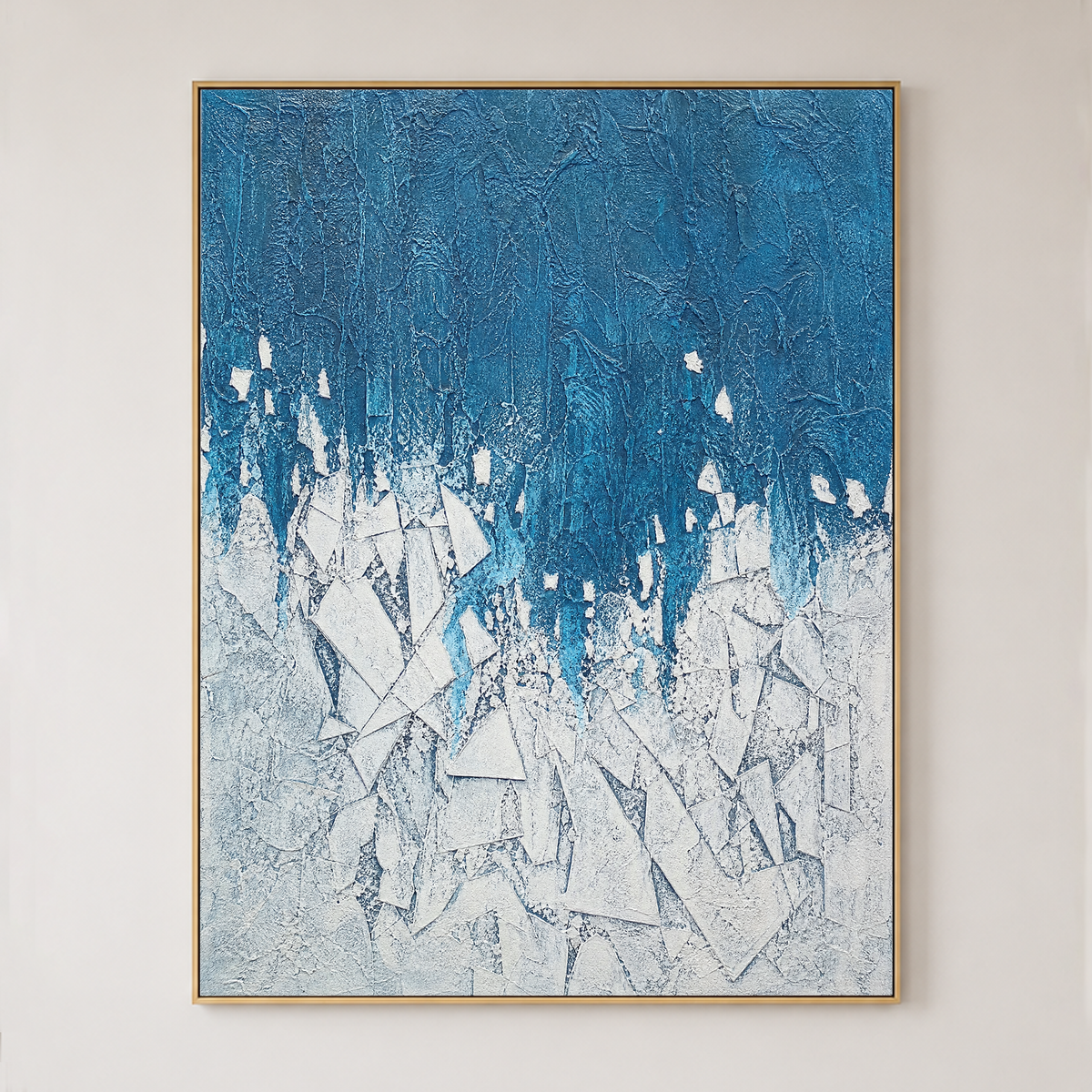 Abstract Geometry And Lines Blue White Textured Plaster-Style Vertical Wall Art For Living Room