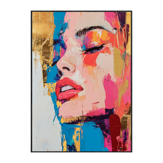 Vibrant Abstract Portrait Woman Face Wall Art with Bold Pink Blue Gold White Colors Textured Impasto Painting Style for Living Room Bedroom Office Dining Room Hallway Home Decor