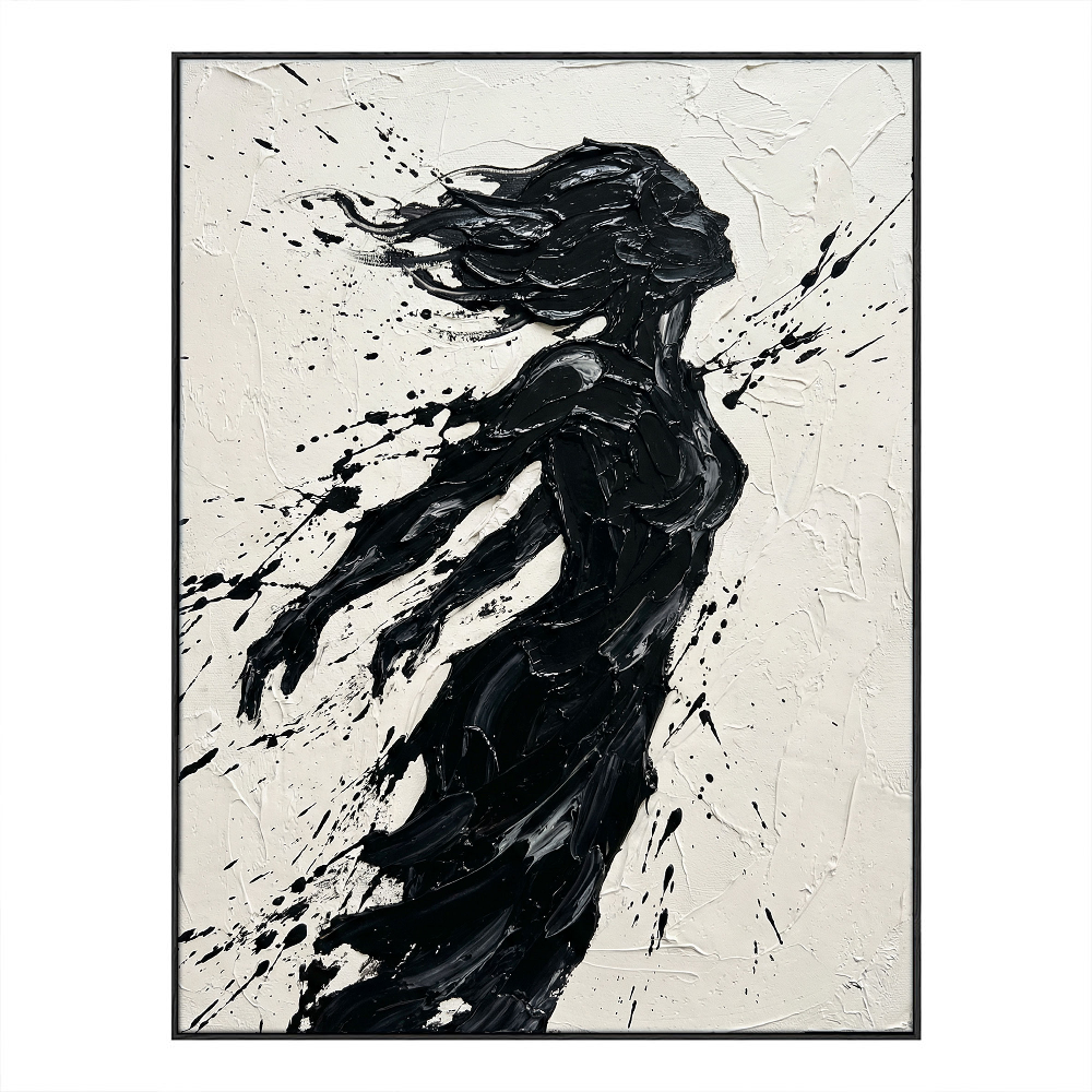 Black and White Textured Impasto Female Silhouette Portrait Canvas Wall Art, Bold Dynamic Black Paint Splatter & Thick Knife/Brush Strokes on Off White Background, High Contrast Modern Artwork for Home & Office Spaces