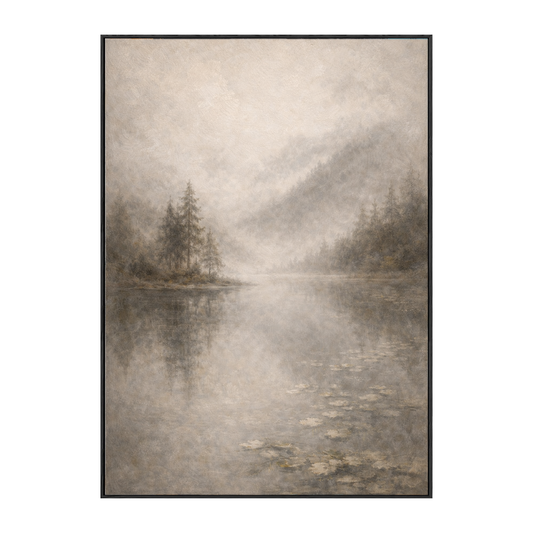 Vintage Misty Forest Lake Landscape Wall Art Muted Neutral Nature Scene Canvas Print Framed Soft Textured Artwork for Living Room Bedroom Office Dining Room Hallway Calming Serene Decor