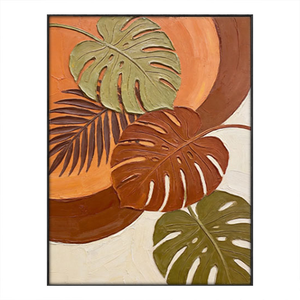 Vibrant Tropical Monstera Palm Leaf Wall Art with Warm Orange Brown Beige Green Tones, Thick Textured Impasto Knife Marks, Modern Botanical Decor for Living Room Bedroom Office Dining Room Hallway