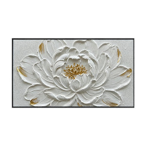 Elegant White Gold 3D Textured Flower Wall Art, Framed Impasto Floral Canvas Artwork for Living Room Bedroom Dining Room Hallway Office Modern Home Decor