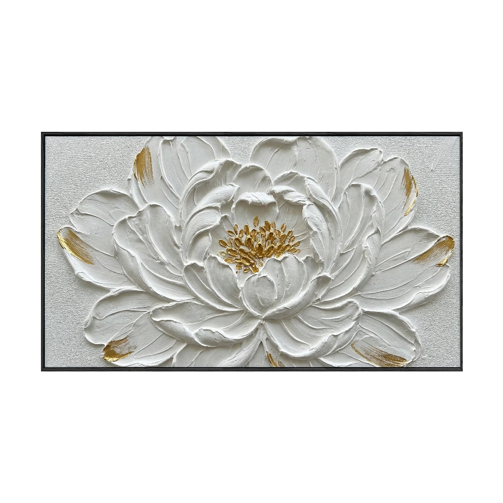 Elegant White Gold 3D Textured Flower Wall Art, Framed Impasto Floral Canvas Artwork for Living Room Bedroom Dining Room Hallway Office Modern Home Decor